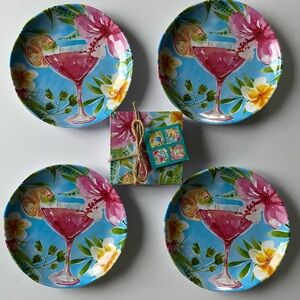 New Melamine Tropical Plates & Coasters NWT Tropix Pink Green Martini Island
